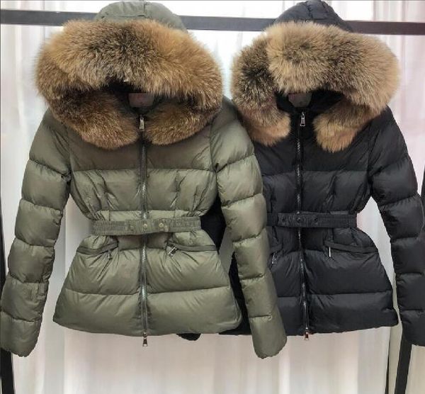 Piumino con cappuccio in vera pelliccia di volpe grande da donna con cintura spessa giacca con cerniera calda parka impermeabile colore nero taglia S-XL