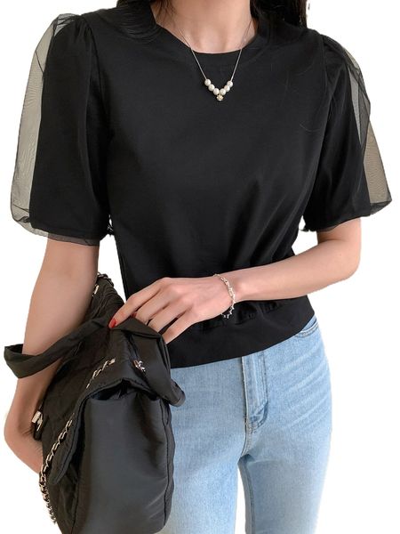 

dazy contrast mesh puff sleeve tee x8u2#, White