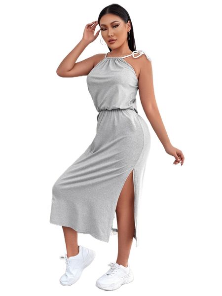 

solid split thigh halter dress 41jw#, Black;gray