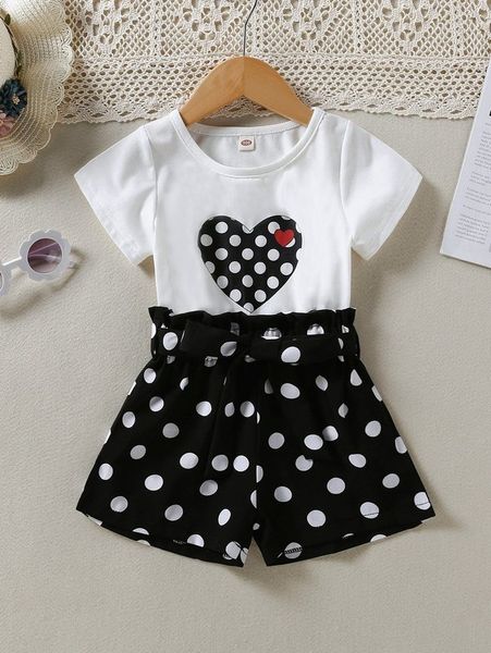 

toddler girls heart print tee & polka dot print belted shorts she, White
