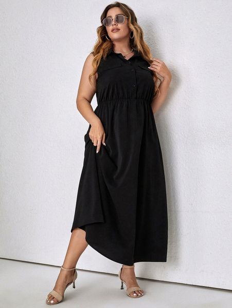 

plus solid button front dress 44qo#, Black
