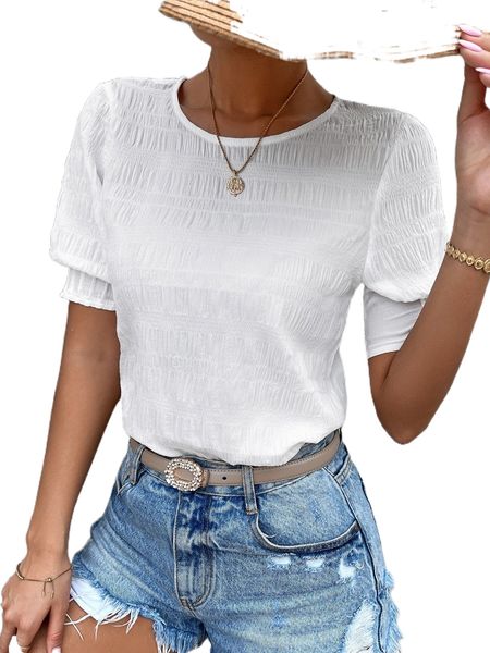 

puff sleeve solid textured w3tf#, White