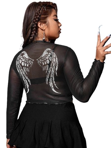 

plus letter & wing print lettuce trim mesh u0rt#, Black