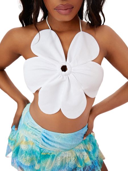 

flower pattern backless knot halter s44l#, White