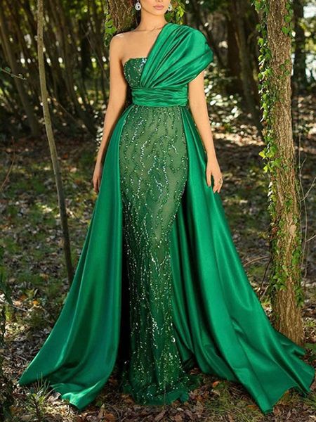 Glitter Emerald Green Puined Prom Elbiseler Boncuk Lüks Resmi Gece Elbise Bir Omuz Ünlü Parti Elbise Kadınlar Özel Durum Giyim 202