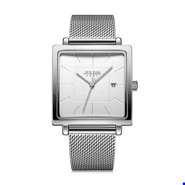 2022 Julius Neue Damen-Business-Uhr mit Edelstahl-Mesh-Band, quadratisch, stilvoll, Quarz-Armbanduhr, 30 m wasserdicht, H2