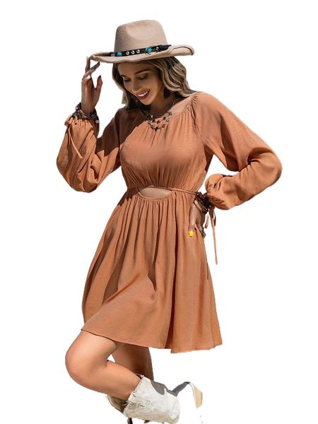 

rusttydustty cut out tie front lantern sleeve dress o1x9#, Black;gray