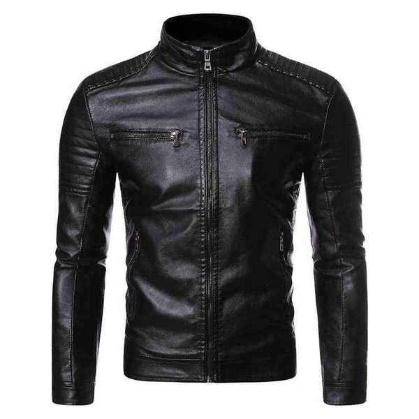 

men autumn brand new causal vintage leather jacket coat men spring outfit design motor biker pocket pu leather jacket men m-4xl t220728, Black