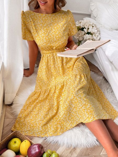 

ditsy floral print puff sleeve crisscross backless ruffle hem dress l3ob#, Black;gray