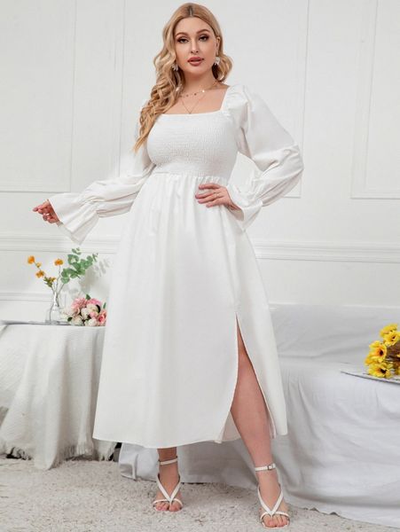 

plus square neck shirred flounce sleeve split thigh dress g6rt#, Black