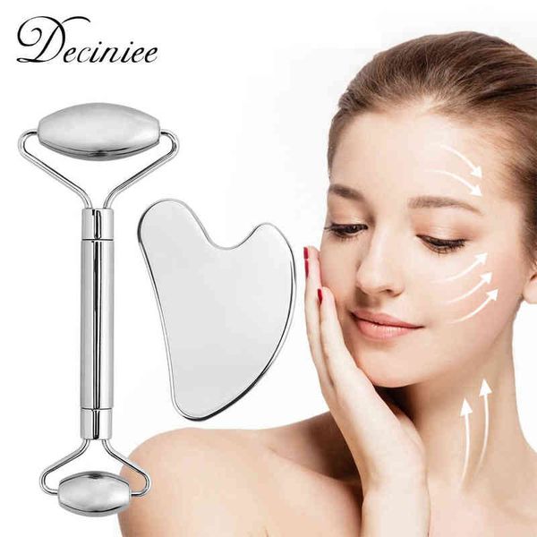 

stainless steel facial roller gua sha set face care lifting massage tools anti wrinkle skin tighten cooling cellulite massager220429