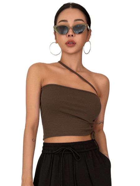 

dazy rib knit drawstring side one shoulder v47k#, White