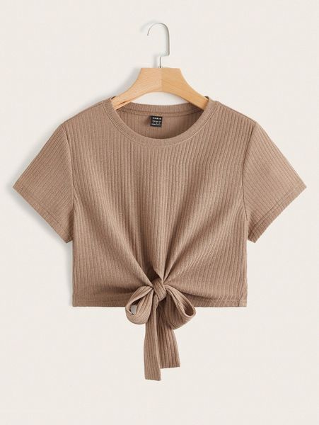 

tie front rib-knit crop tee 13ok#, White