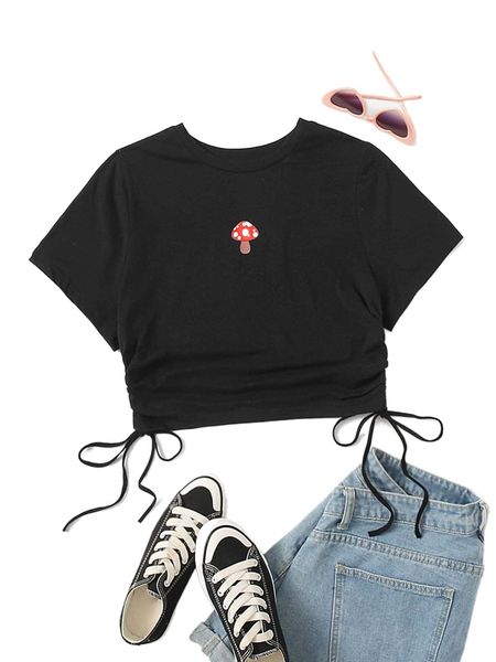 

plus mushroom print drawstring side tee v98d#, Black