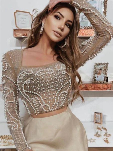 

arrival women designer sparkly beading lace mesh long sleeve t-shirts ladies celebrity tees skirt suits, White;black