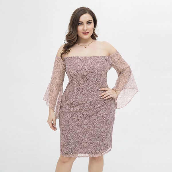 

large size dress 4xl 2021 women slim fit hip lace off shoulder knee length plus size straight one shoulder party dress, Black