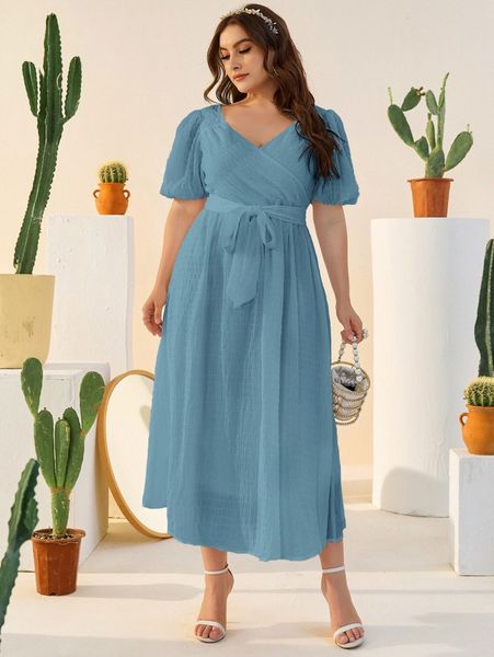 

plus surplice neck puff sleeve belted dress 36ak#, Black