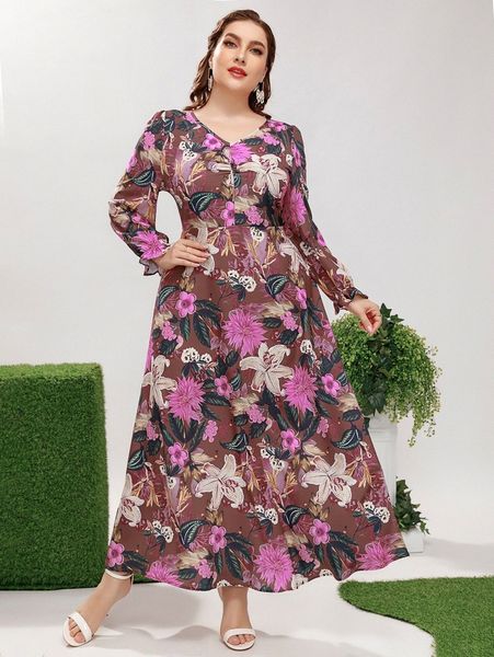 

plus floral print flounce sleeve dress 37v6#, Black