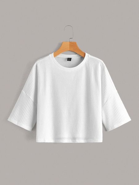 

ribbed knit solid drop shoulder crop j8lo#, White