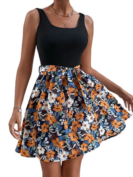 

floral print belted dress k3ix#, Black;gray