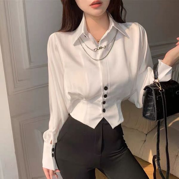 

vintage elegant button solid chiffon shirt spring autumn polo neck long batwing puff sleeve slim blouse women s clothes 220714, White