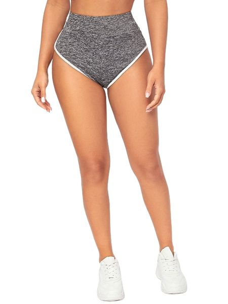 

petite contrast binding marled knit shorts h9t6#, White;black