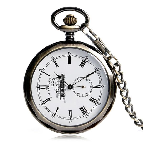 Orologi da tasca Bronzo antico Orologio meccanico manuale a quadrante aperto Treno a vapore Quadrante con numeri romani Meccanismo a carica manuale retrò Tasca per orologio