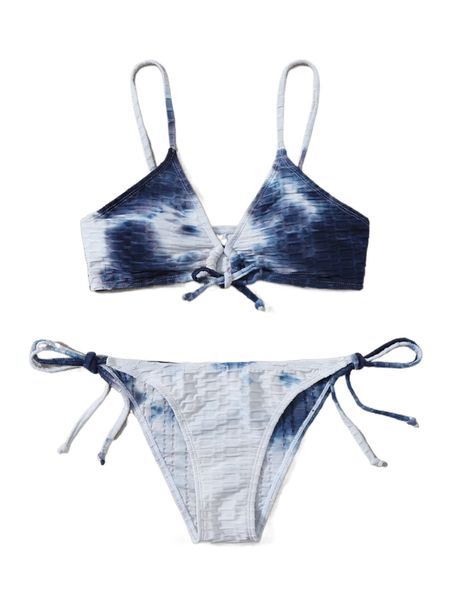 

tie dye textured drawstring tie side bikini swimsuit s8in#, White;black