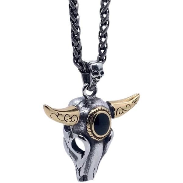 

personality golden horn bull head pendant titanium steel necklace men's trendy long hip-hop popular fashion accessories gilt, Silver