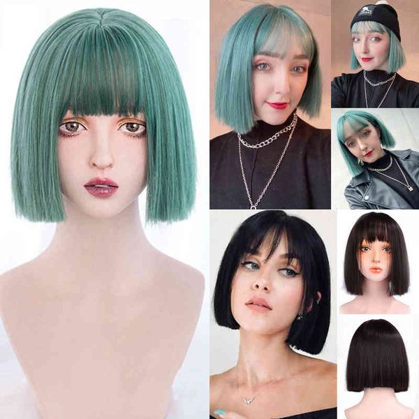 

nxy synthetic black green pink wig short straight bob s with bang female lolita coplay for women colored 220622
