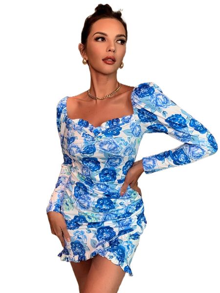 

joyfunear gigot sleeve twist front floral print dress o1gs#, Black;gray
