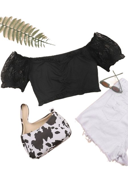 

off shoulder frilled ruched contrast lace puff sleeve crop d6sb#, White