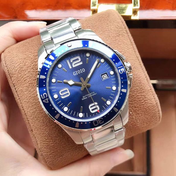 

42mm mens automatic mechanical watch date sapphire luminous black blue ceramic bezel, Slivery;brown