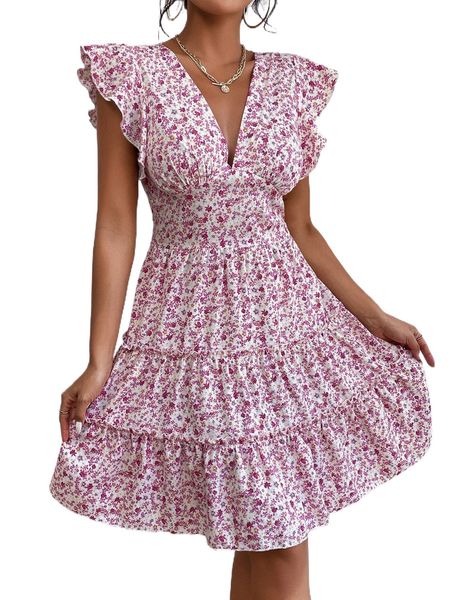 

ditsy floral print plunging neck ruffle trim dress z0a0#, Black;gray