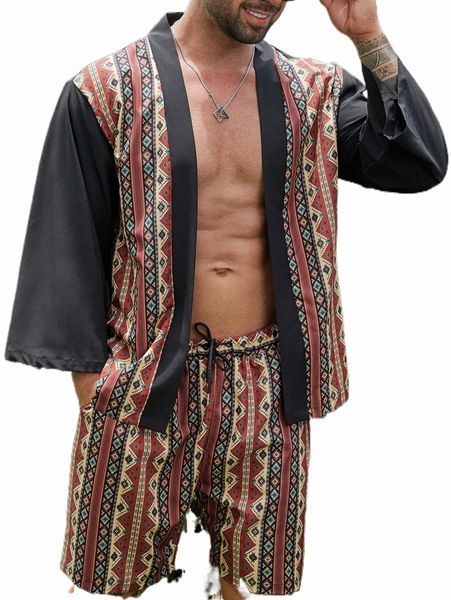 

extended sizes men geo print kimono & drawstring waist shorts z5x7#, Gray