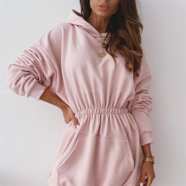 

women autumn long sleeve pocket hooded pullover hoodies long sweatshirts elastic waist feminino sweatshirt new fashion lj201103, Black