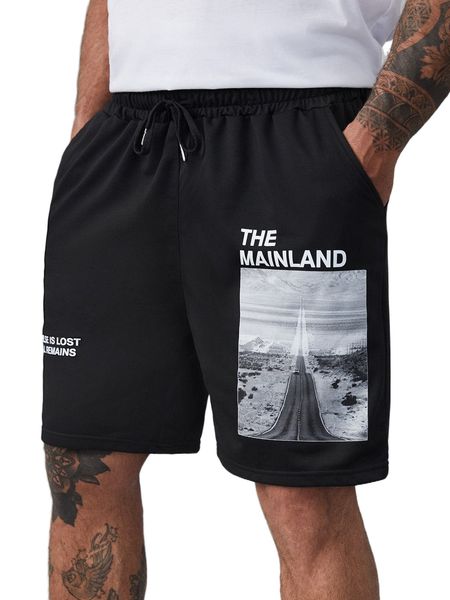

extended sizes men slogan & road print shorts l6eo#, White;black