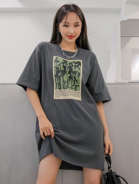 

dazy slogan & graphic print drop shoulder tee dress x2bn#, Black;gray