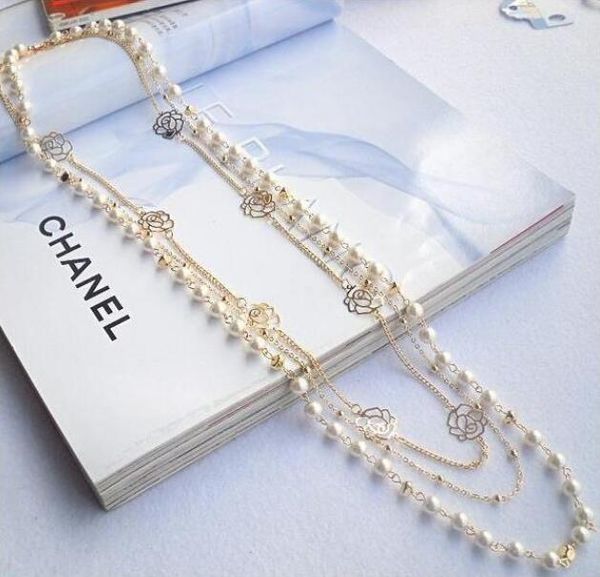 

long sweater chain pendant rose multi-layer pearl necklace clothes accessories gc863, Silver