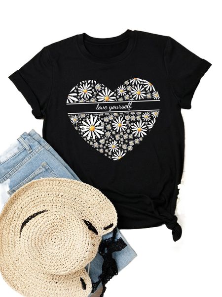 

plus floral & heart print tee 05tf#, Black