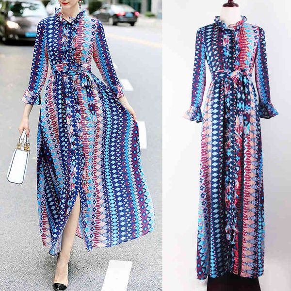 

casual dresses women's dress in spring and summer of with ear edge long skirt geometric printing flared sleeve cardigan loose, Black;gray