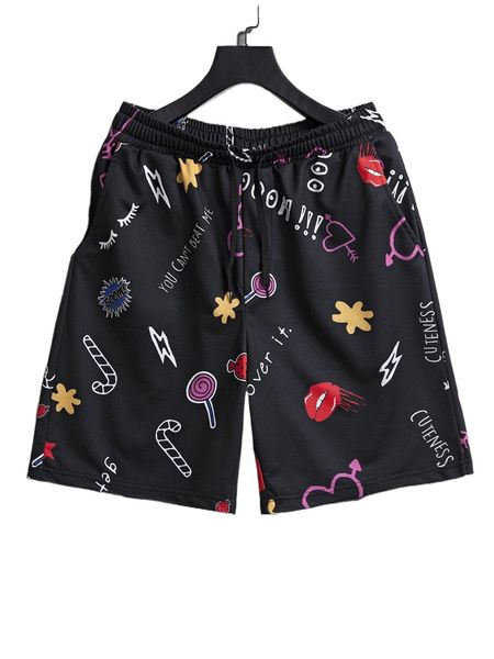 

men random heart & slogan graphic drawstring waist shorts k8ak#, White;black