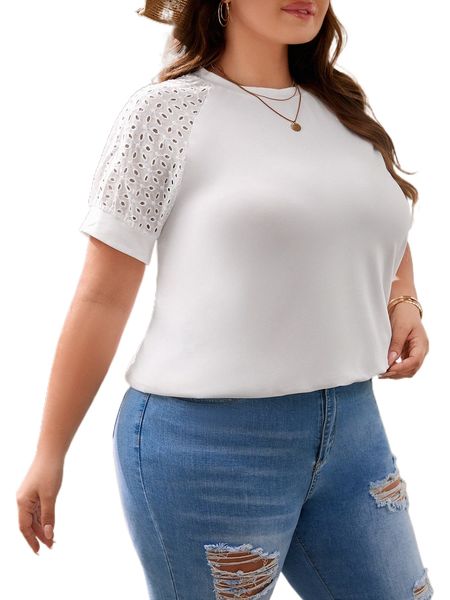 

plus embroidery eyelet sleeve tee 489y#, Black