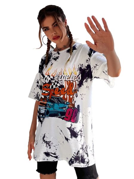 

tie dye car and letter graphic drop shoulder tee z0k5#, White