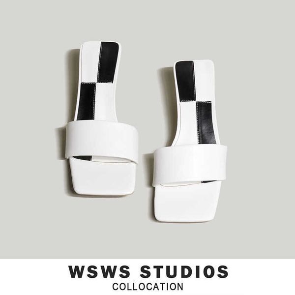 

yucheng01 minority design korean version of white color blocking square head open toe word slippers with thin heels and low, Black