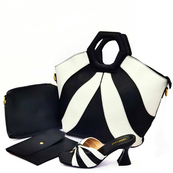 Scarpe eleganti arrivo colore nero donne africane abbinate a scarpe italiane e borsa decorate con strass abito da donna