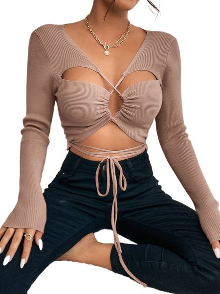

crisscross knot front ribbed knit sweater e2np#, White;black