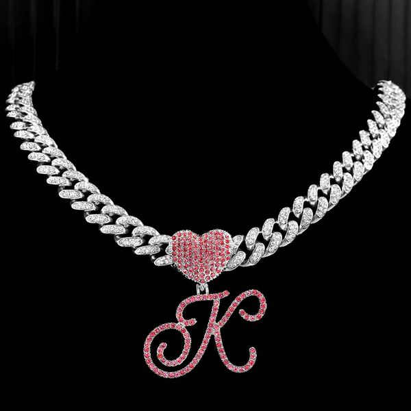 

hip hop pink az cursive letter initial heart pendant necklace for women bling iced out cuban zircon chain necklace punk jewelry 220813, Silver