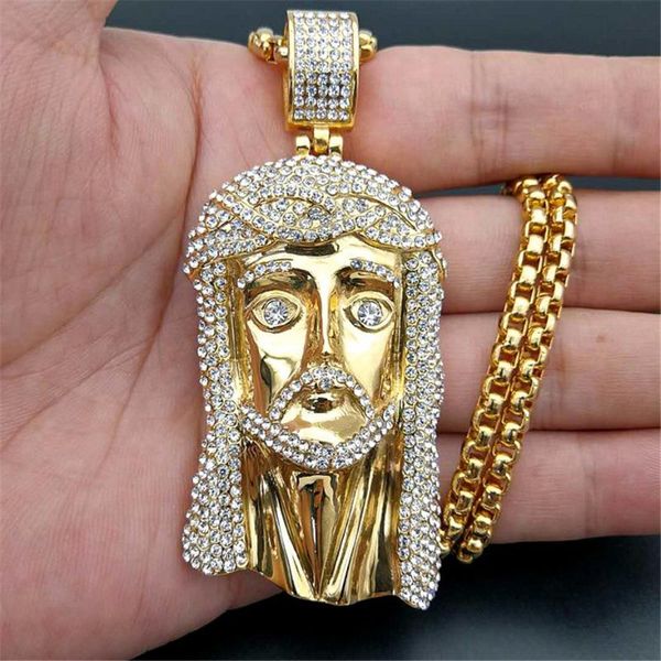 Colares com Pingente de Ouro Grande Cabeça de Jesus Cristo Colar de Aço Inoxidável com Corrente Para Homens Gelo Strass Hip Hop Jóias Cristãs Caneta