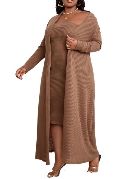 

sxy plus open front coat & bodycon tube dress q8ky#, Black